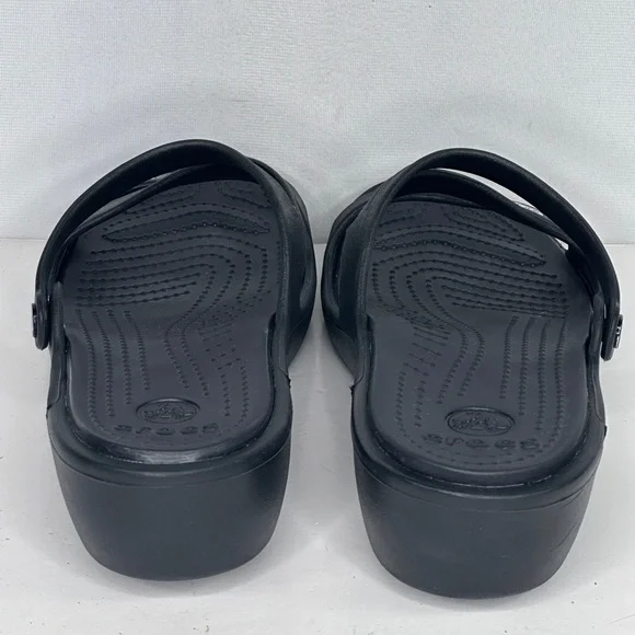 CROCS Black Slip-On Wedge Sandals Strappy Lightweight Sz 10 - Picture 2 of 12